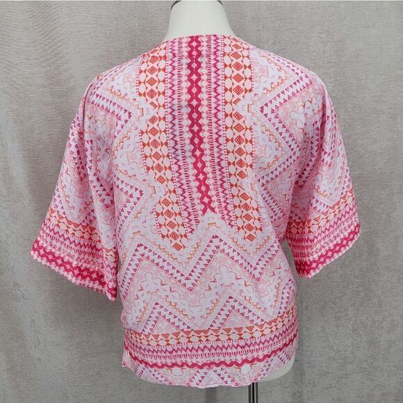 Slim Factor by Investments Plus Mosaic Tile Open Front Short Sleeve Kimono Pink - Picture 7 of 13